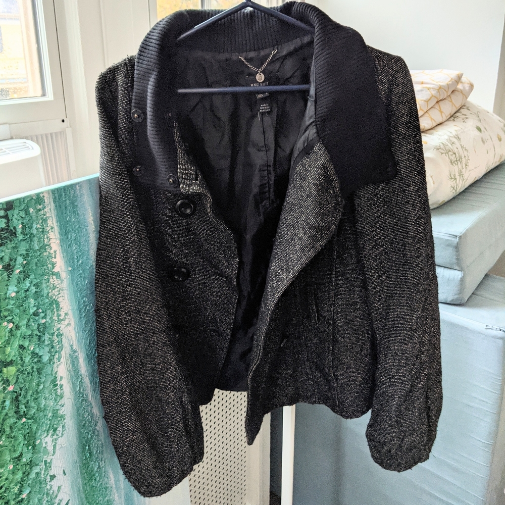 Cozy Black Tweed Double Breasted Mango Coat, Size 8